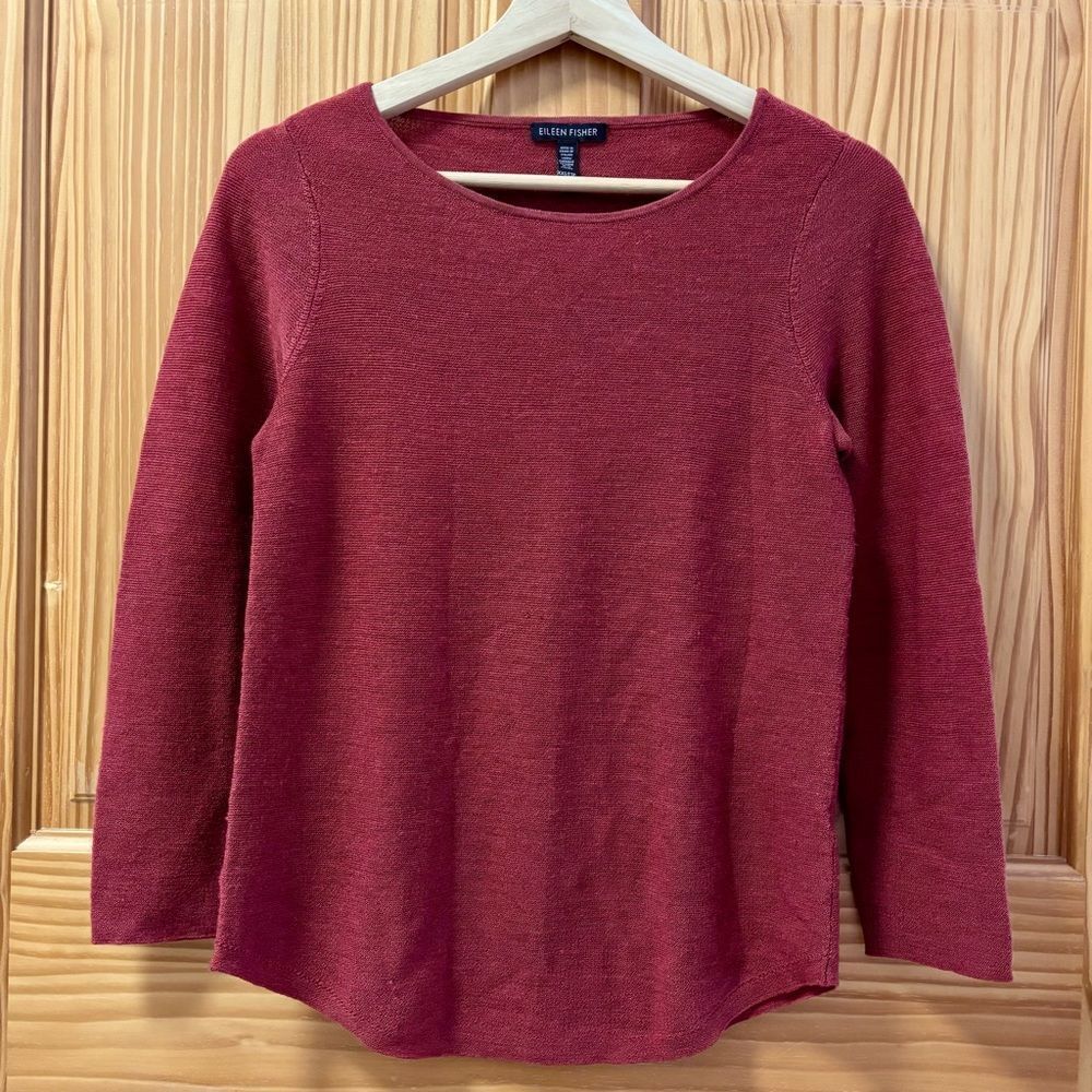 Eileen Fisher red Italian merino wool curved hem oversized 
sweater XXS